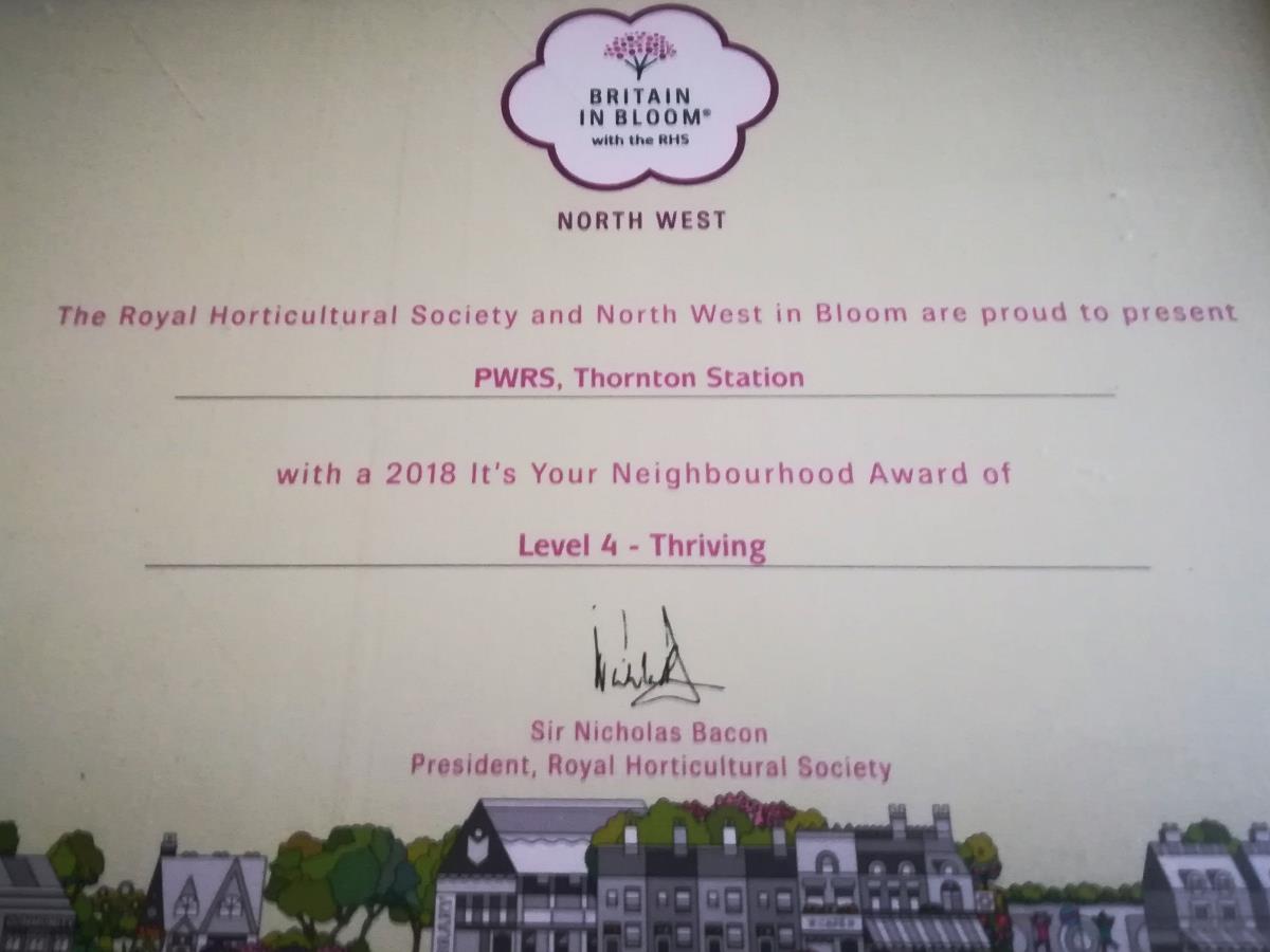 PWRS Thornton Station Britain in Bloom Certificate.